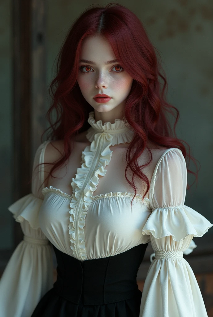  make a pale girl, with red eyes and small beautiful and perfect, He had long, dark red hair, a white women&#39;s shirt with a high and pretty collar, Exaggerated Ruffle Hem Long and Beautiful Sleeves, a black mid-skirt and big, perfect breasts