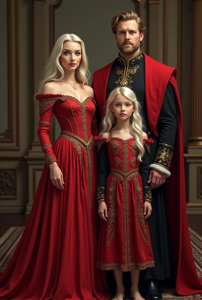Family of 4. King is standing next to the queen. Her hair is medium long blonde, Her eyes are green, clear skin, high. The queen wears her all-white hair in an elegant bun. dressed in red and black like the king. Both of them avoid being over 30 years old.. In front of them is the princess, a ung woman, Her long white hair loose in waves, Amber eyes like the queen and the prince. He is , blond and has one green eye and one amber eye..
