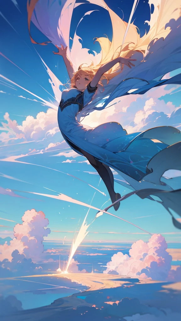 Immerse yourself in a stunning anime-inspired landscape, where a woman with her arms spread wide is falling through a dreamy blue sky. The scene is surrounded only by expansive, fantastical clouds, with the sun shining brightly to create a truly unique and visually captivating experience.