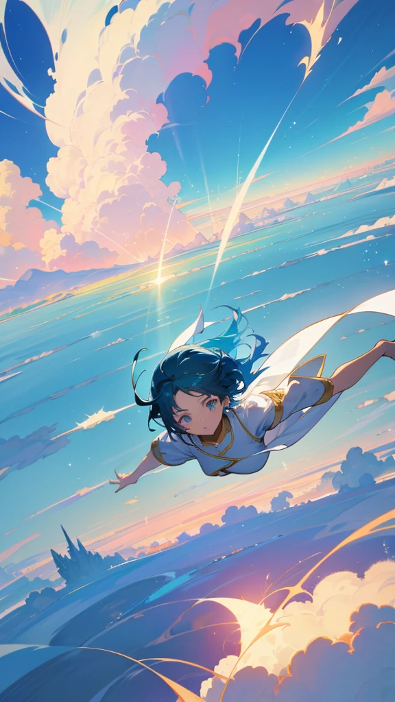 Immerse yourself in a stunning anime-inspired landscape, where a woman with her arms spread wide is falling through a dreamy blue sky. The scene is surrounded only by expansive, fantastical clouds, with the sun shining brightly to create a truly unique and visually captivating experience.