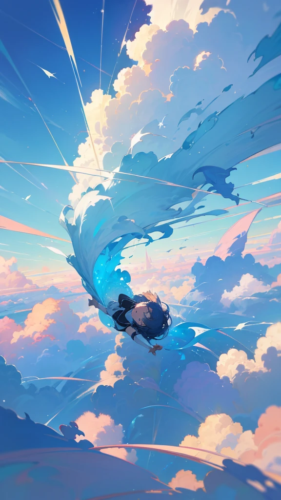 Immerse yourself in a stunning anime-inspired landscape, where a woman with her arms spread wide is falling through a dreamy blue sky. The scene is surrounded only by expansive, fantastical clouds, with the sun shining brightly to create a truly unique and visually captivating experience.