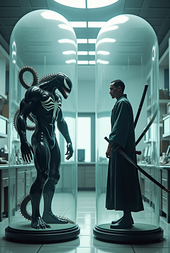 Venom and a Japanese Samurai、genetic research institute。There is a large glass cylinder used for scientific experiments。They are each contained in a cylinder。