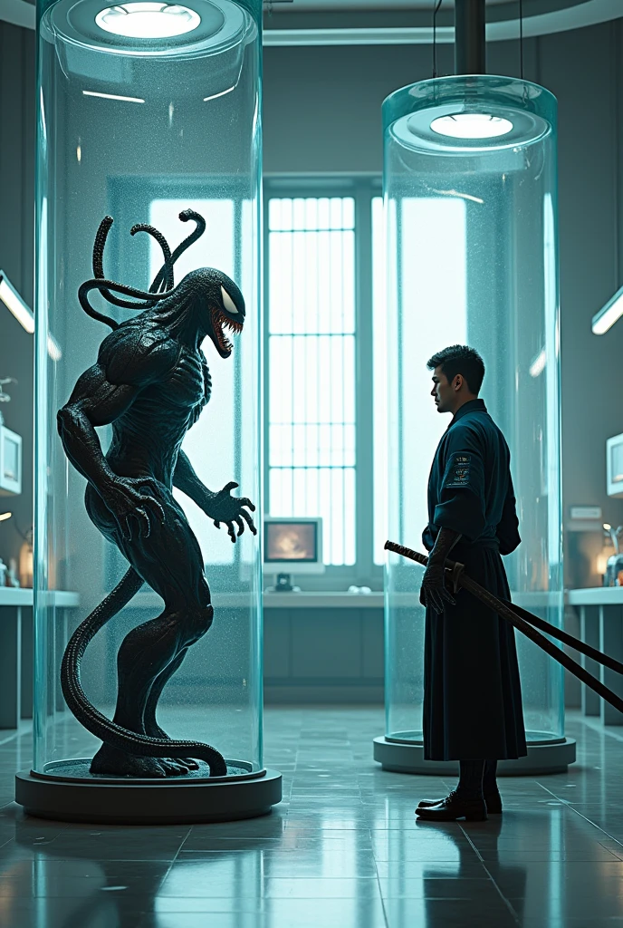 Venom and a Japanese Samurai、genetic research institute。There is a large glass cylinder used for scientific experiments。They are each contained in a cylinder。