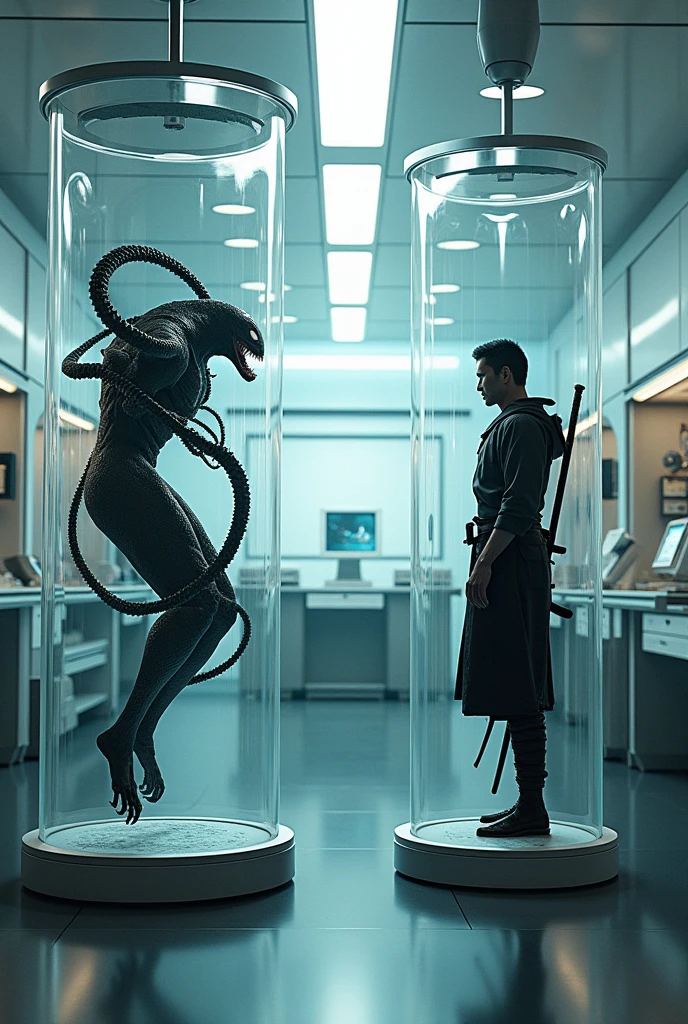 Venom and a Japanese Samurai、genetic research institute。There is a large glass cylinder used for scientific experiments。They are each contained in a cylinder。