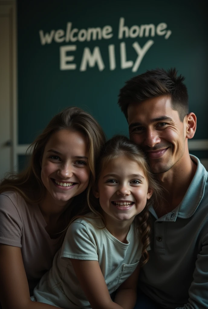 A close-up of the photograph showing a smiling family a pretending happy family with a scary aura 

Emily notices the writing: "Welcome home, Emily." The room begins to darken, the light flickers, and the temperature drops. SCARY, HORROR, INTENSE, SCARY SMILE