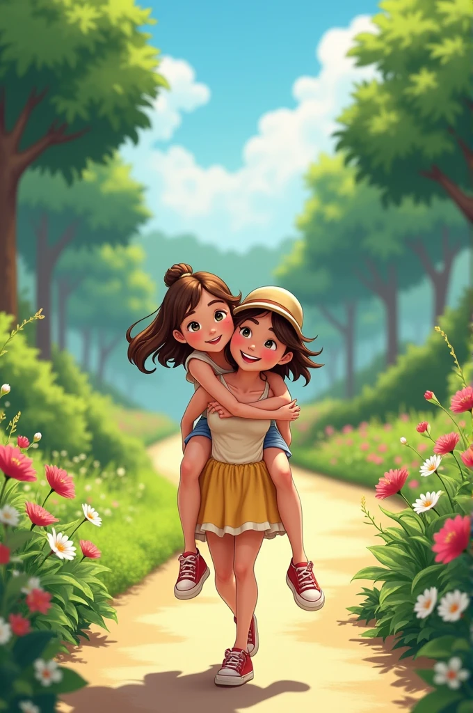 Girl gives piggyback rides to a couple
