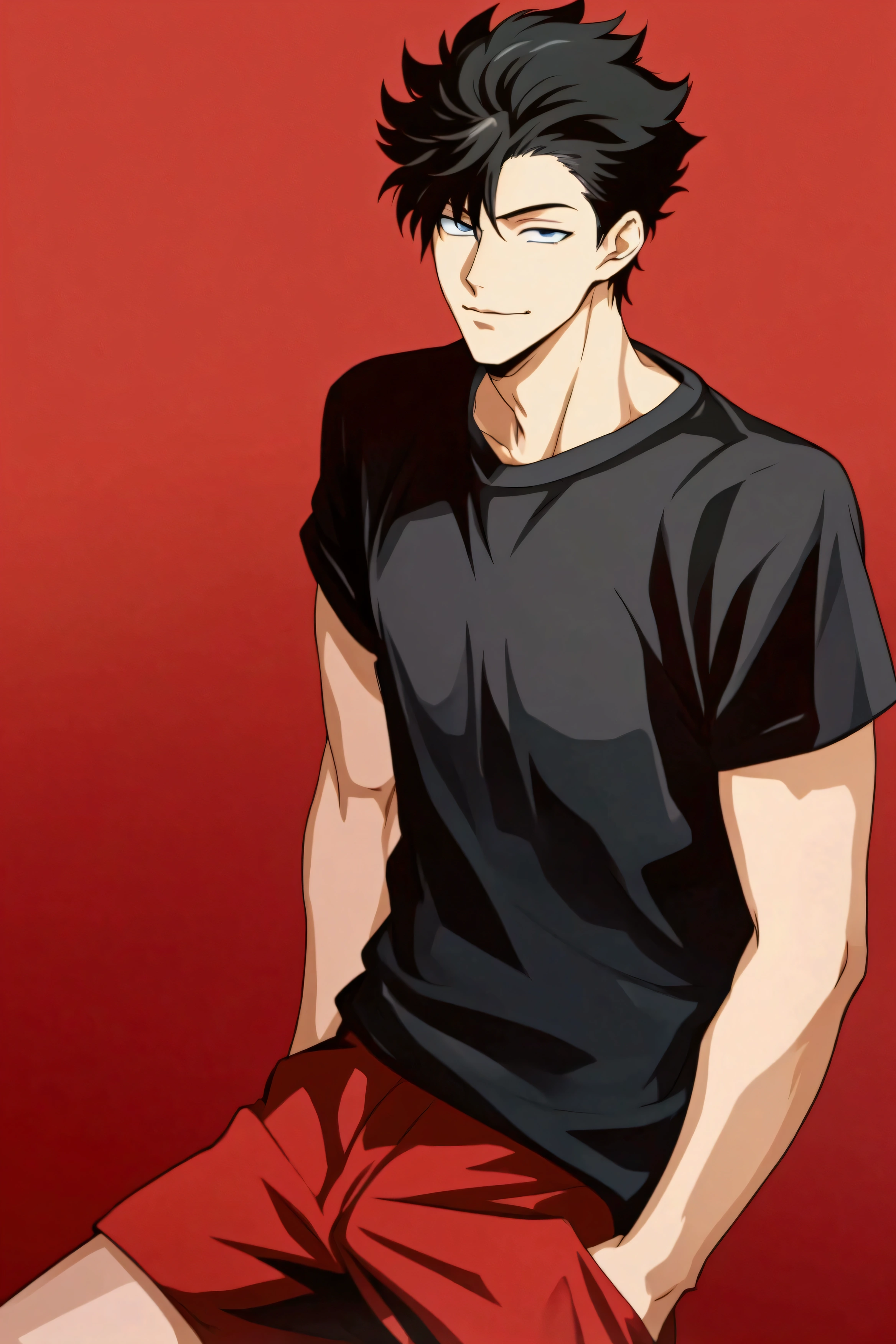 a close up of a person sitting on a red surface, handsome anime man, tall anime guy with blue eyes, beautiful anime pose, heise jinyao, male anime style, as anime character, he is wearing a black t-shirt, makoto kano, young anime man, hijikata toushirou of gintama