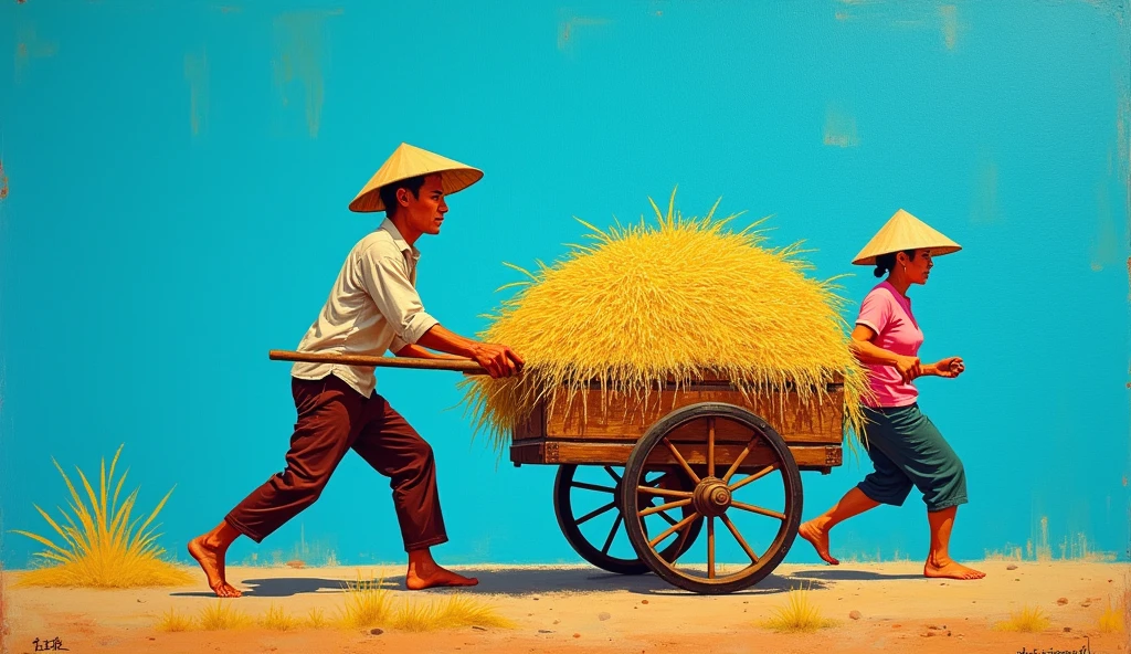 cartoon, a vietnamese man pulling a cart full of rice, a vietnamese woman pushing behind the cart, they go barefoot, on a blue background, in the style of rainbowcore, canvas texture emphasis, paintings, realist detail, flat form