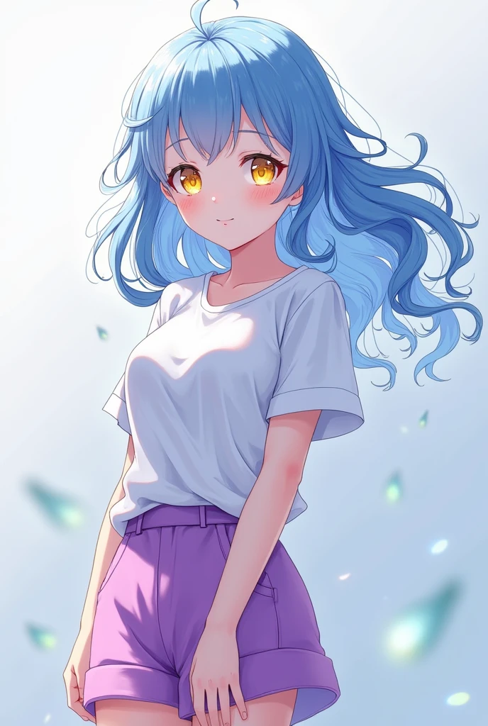 Create a very beautiful young adult anime girl with white shirt purple shorts white shoes yellow eyes big blue hair..