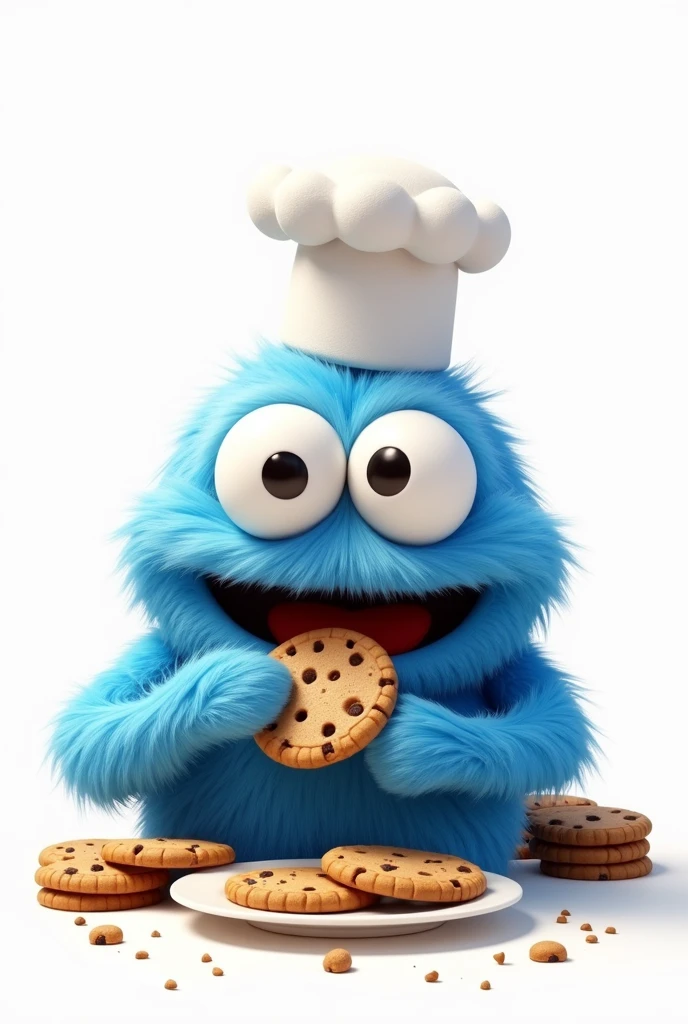 GIVE ME IMAGES OF THE COOKIE EATER FROM ELMO&#39;S WORLD, THAT BLUE CHARACTER WITH A WHITE BACKGROUND WHO IS STANDING EATING COOKIES WITH A CHEF&#39;S HAT