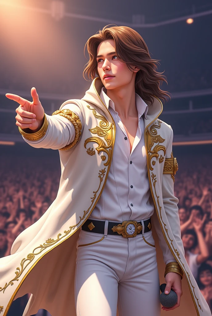 artwork best quality handsome american male teenager long brown hair light skin with white cape and hooded coat on head with gold details white long sleeve shirt and white pants underneath intricate details singing holding a microphone seen from afar pointing at the audience at a concert with details uhq 8k details