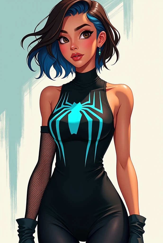 ((art animation 2D)) 20 year old woman with short wavy brown hair with dark blue dyed tips, Brown eyes, with good body, wearing black clothes, wearing a sleeveless black dress with a turquoise Spiderman logo on the chest with mesh sleeves