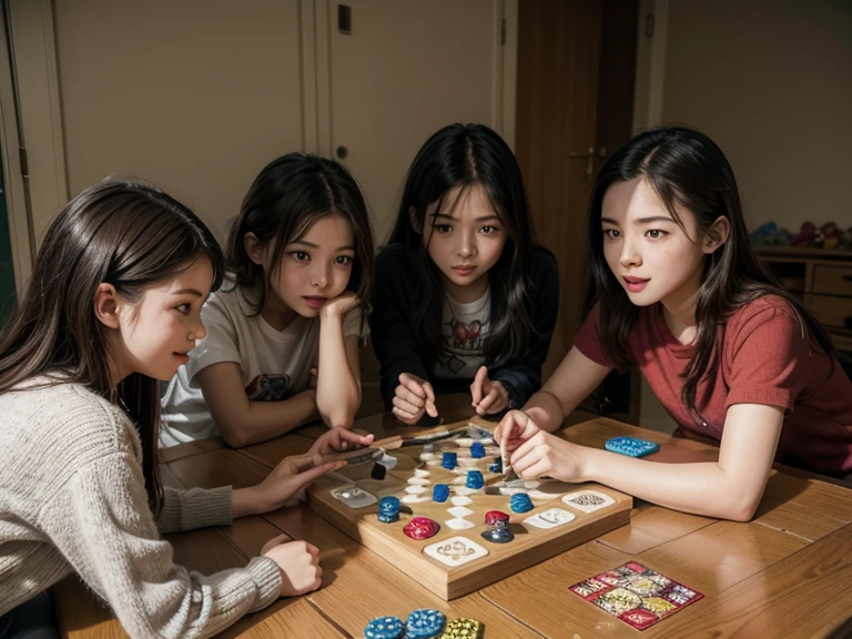 Young friends playing rol games and board games in a warmy room