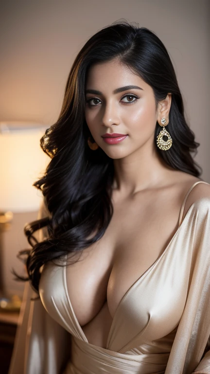 portrait of A confident-looking indian woman princess with long flowing hair, hazel eyes, a smile on the face, royal and lusty look, red bindi, on bed c-cup breast, perfect composition, hyper realistic, super detailed, 8k, high quality, trending art, trending on , sharp focus, sexy photo, intricate details, highly detailed, art by Greg Rutkowski perfect breast nipples nice clevage seductive poses red lips full body front face nudes pink nipples nude erotic nipples full nude boobs long hair sexy