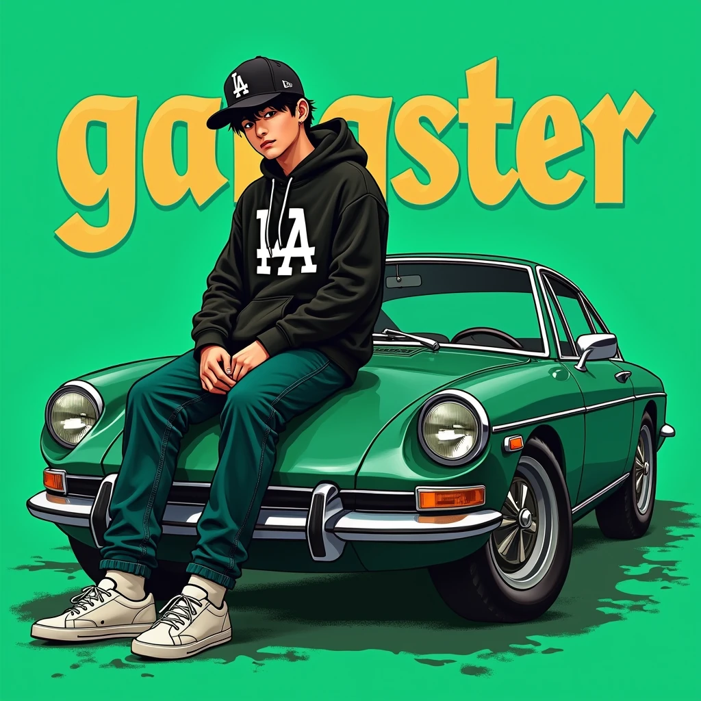 Image of a man sitting on the bonnet of a car, Yoshihiko Wada's album cover, winner of the behance contest, Doodle, official artwork, rap album cover, hip - hop album art cover, colored album art, hip hop music album cover, rap album cover art, official fanart, GTA Cover, hip hop album cover, album art cover, G-FUNK Hip Hop album cover, green background, green car, with the words 'gangster' on the back of the picture, an Asian ager wearing a black LA hoodie, a black LA ball cap with a deep press and a wide pair of jeans down, a troublemaker boy sits on the bonnet of a car and lets the car out to the side