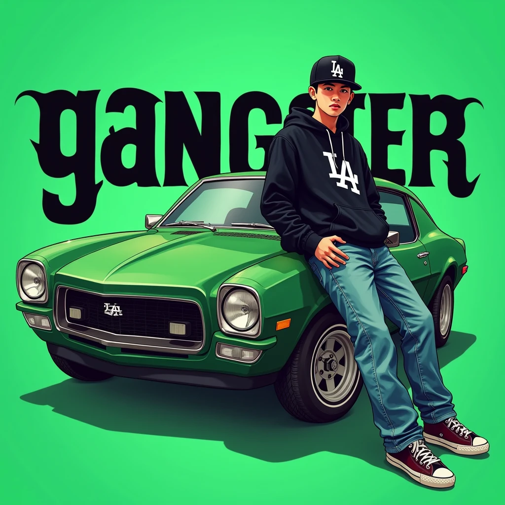 Image of a man sitting on the bonnet of a car, Yoshihiko Wada&#39;s album cover, winner of the behance contest, Doodle, official artwork, rap album cover, hip - hop album art cover, colored album art, hip hop music album cover, rap album cover art, official fanart, GTA Cover, hip hop album cover, album art cover, G-FUNK Hip Hop album cover, green background, green car, with the words 'gangster' on the back of the picture, an Asian teenager wearing a black LA hoodie, a black LA ball cap with a deep press and a wide pair of jeans down, a troublemaker boy sits on the bonnet of a car and lets the car out to the side