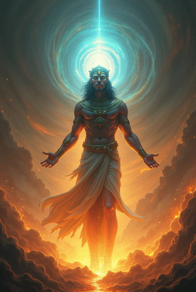 "Illustrate Atum in Egyptian mythology as he initiates the process of creation. Focus on his divine act without any explicit details. Ensure the image is highly detailed with stunning gradient colors and a detailed background. Use best quality, masterpiece, and absurdres settings."