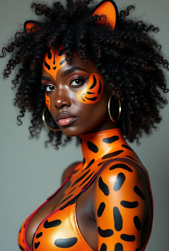 curly medium black hair and brownish skin with full lips with painted panther costume