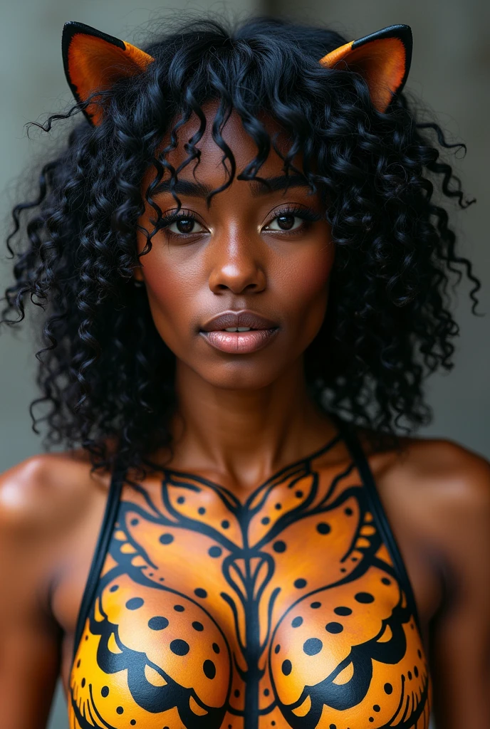  curly medium black hair and brownish skin with full lips with painted panther costume