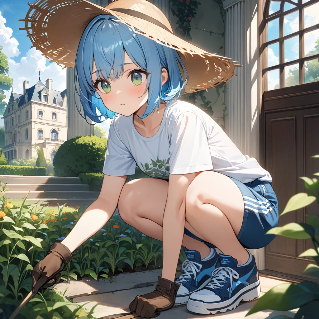 Highest quality、Light blue hair、Short Bob、Deep green eyes,2,,small breast,White T-shirt、Blue shorts、sneakers、Gloves、Straw hat、Garden of the mansion、Crouching down to pull out weeds、look outside