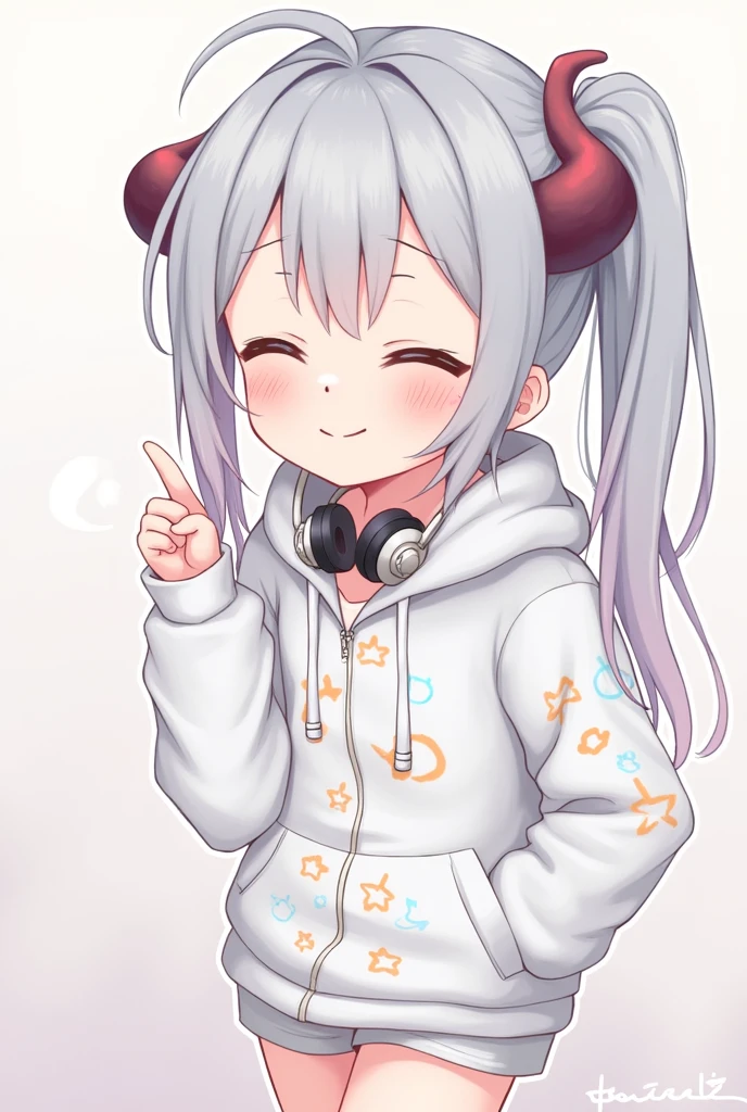 Long Hair, High resolution, Gray Hair, chest, smile,headset on neck, Diagonal bangs, Side Ponytail, Anime Style, Oversized,White patterned hoodie,Shorts,Illustration, 3D Rendering, Sleepy, accessories, uniform,Put on the hood,Pale brown skin,Ears are horns