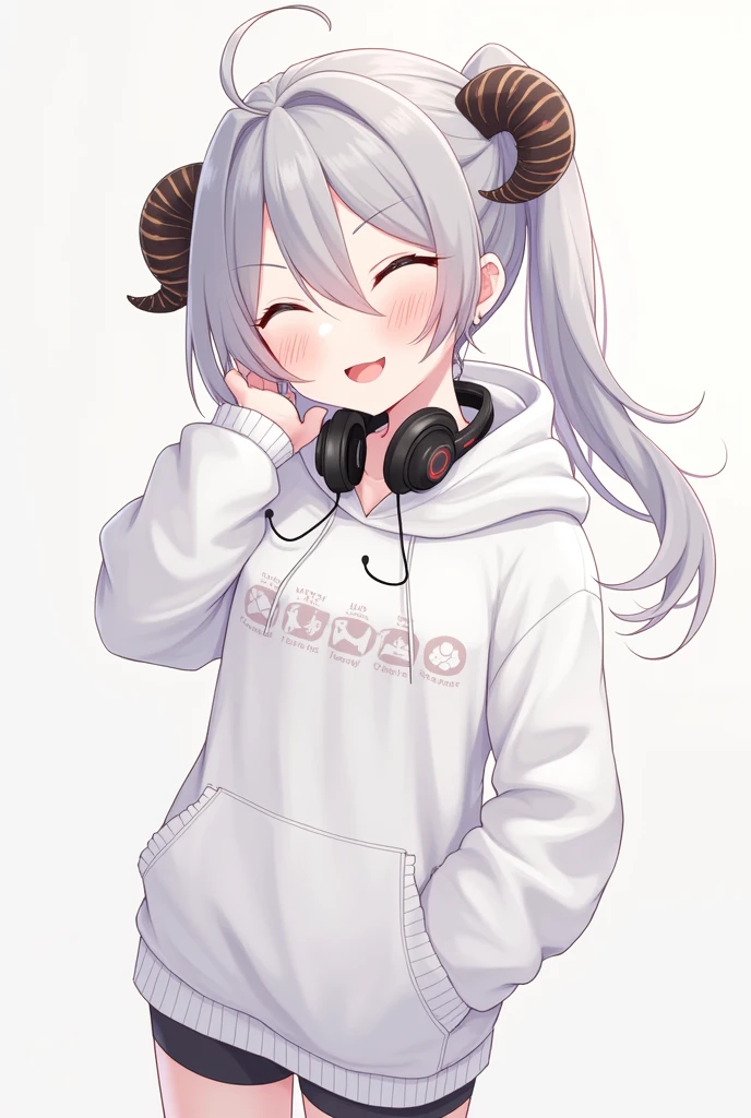 Long Hair, High resolution, Gray Hair, chest, smile,headset on neck, Diagonal bangs, Side Ponytail, Anime Style, Oversized,White patterned hoodie,Shorts,Illustration, 3D Rendering, Sleepy, accessories, uniform,Put on the hood,Pale brown skin,Ears are horns