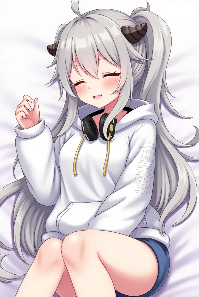 Long Hair, High resolution, Gray Hair, chest, smile,headset on neck, Diagonal bangs, Side Ponytail, Anime Style, Oversized,White patterned hoodie,Shorts,Illustration, 3D Rendering, Sleepy, accessories, uniform,Put on the hood,Pale brown skin,Ears are horns