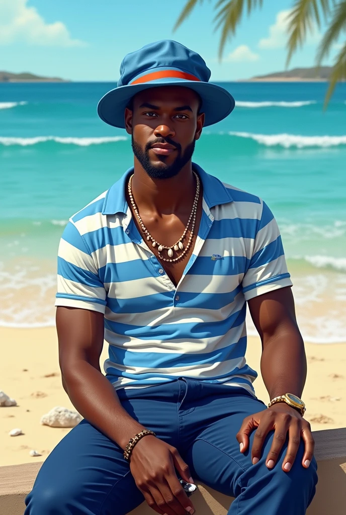 Black man in blue sailor hat, blue and white striped cotton shirt, dark blue pants, shell necklace, a bottle in hand and on the beach