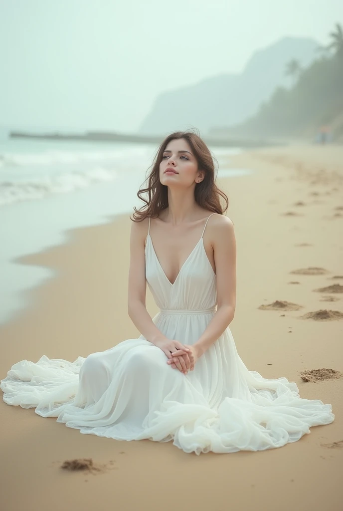 woman in a white dress sitting on the beach., a frame from an ethereal, detailed Brooke Shaden, inspired by Brooke Shaden, Miss Aniela, by Brooke Shaden, surreal beach photography, ethereal beauty, aenami alena, alexei gurylev photography, by Kurt Roesch, ethereal and dreamy, alexei kurylev photography