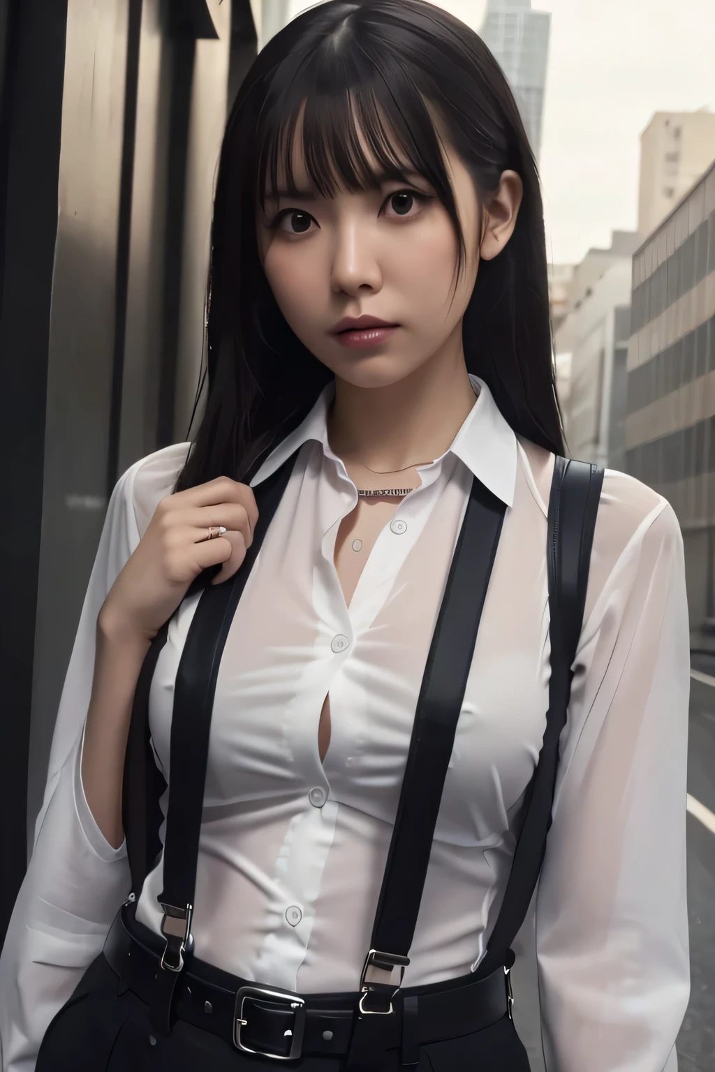 a woman in a suit, belt, hands behind back, sweating, suspenders, black pants, sexly, large breasts, see-through clothing, rain, detective, office worker, white button-up shirt, (best quality,4K,8k,highres,masterpiece:1.2),ultra-detailed,(realistic,photorealistic,photo-realistic:1.37),hyper-detailed,highly detailed face and body, Slender thin suspenders Moderate breasts See-through shirt Nipples holster chain Pistol Armament criminal Female criminal knife