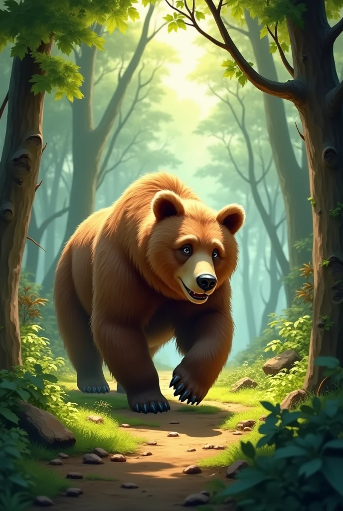 In the forest, there’s a bear,
He’s got a coat of brown and hair,
He’s big and strong and likes to play,