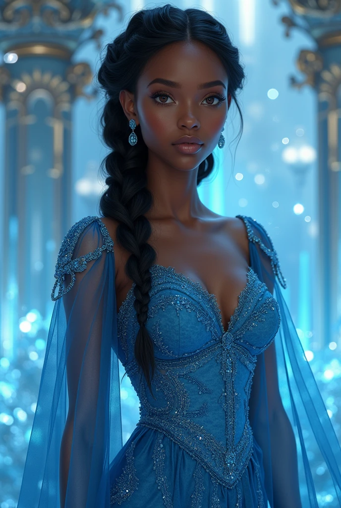 Black woman with cool skin tones, age 25, small, fleshy mouth, amber almond eyes , Oval face, medium sized breasts, upturned button nose, small fairy ears, This is in a crystal palace, wears a beautiful sapphire blue mermaid dress that fits her body perfectly, your hair is braided beautifully
