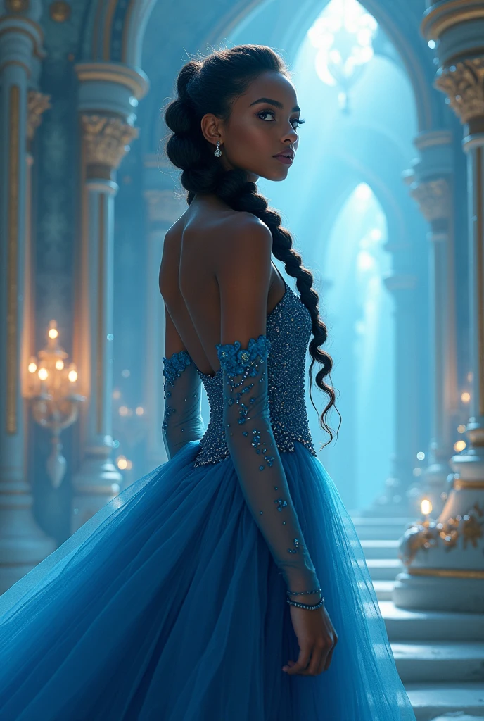 Black woman with cool skin tones, age 25, small, fleshy mouth, amber almond eyes , Oval face, medium sized breasts, upturned button nose, small fairy ears, This is in a crystal palace, wears a beautiful sapphire blue mermaid dress that fits her body perfectly, your hair is braided beautifully
