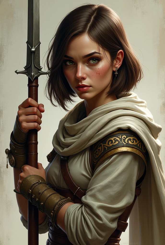 super realistico, Highly detailed face, Battle scars face, 精致的面容, green eyes, 1 lady, fully body, a long halberd downwards with both hands, Hold the halberd anatomically correctly, Brown Bob Hair, , medieval dressing, gazing at viewer, simple color background. 