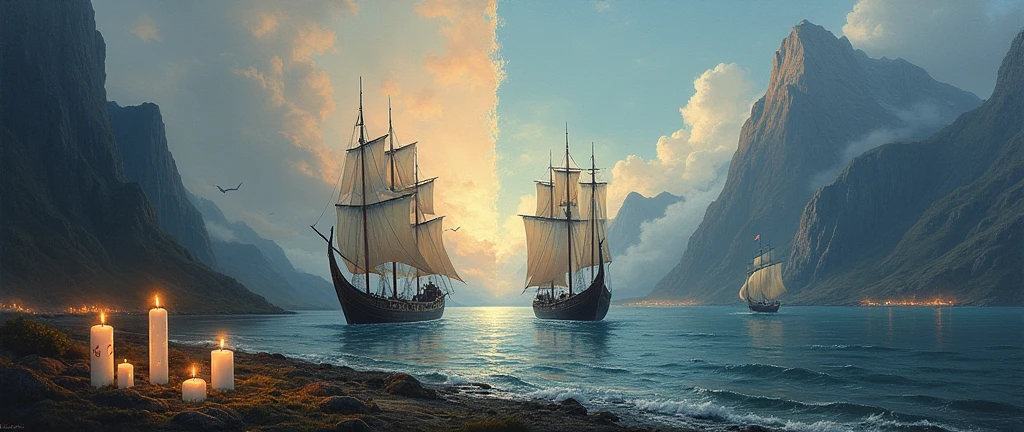 Specifies that the painting must be divided into two parts that connect fluidly..
Mention the specific historical period (9th century, Viking Age) to ensure the context.
Includes Viking ships, Candles with symbols, mountains, Mar, cloudy sky, and a ground held.Highlights the need for realism and attention to detail in the texture of the ships, Water, and the sky. WITH DIFFERENT BOATS