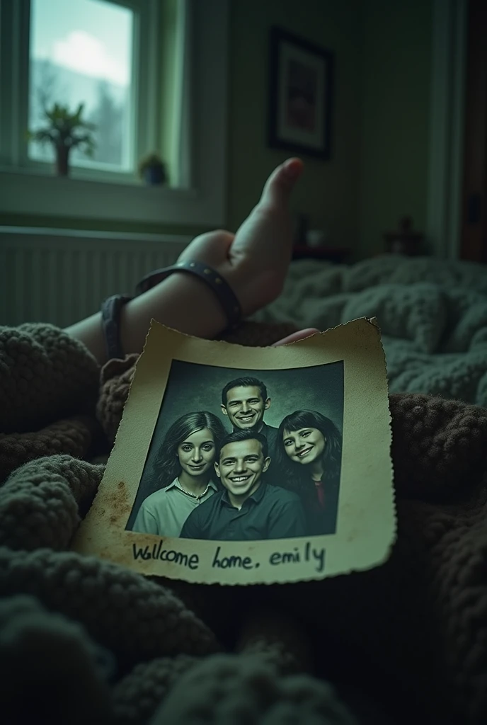 A close-up of the photograph a pretending happy family with a scary aura
Emily notices the writing: "Welcome home, Emily." The room begins to darken, the light flickers, and the temperature drops. SCARY, HORROR, INTENSE, SCARY SMILE