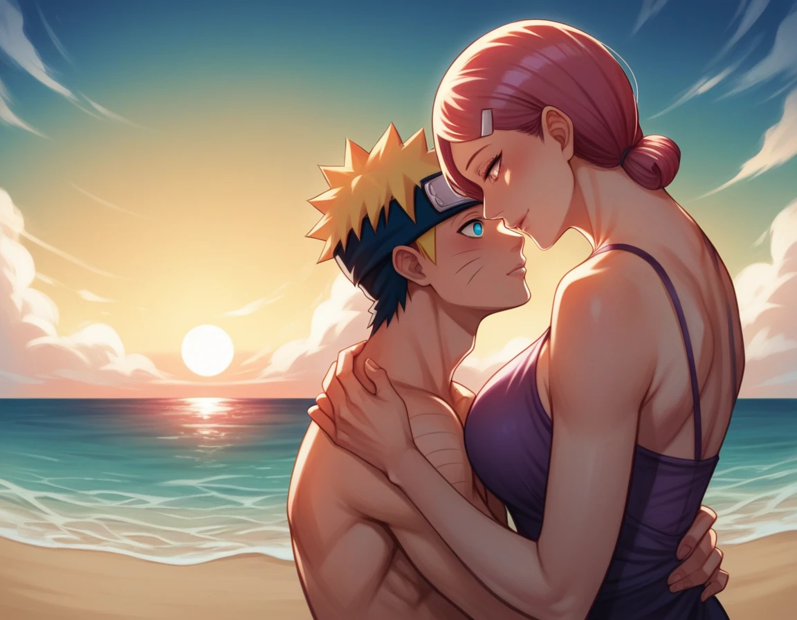 uzumaki kushina, embrace, romantic, hot, intimate, mature, mother and son, older female and younger male, older woman and younger man, uzumaki naruto, seen from side, side view, back view, from ground view, ground level shot, tilted camera, tilted shot, seen from below, seen from back, diagonal, angle, beach, colorful lighting, mature female, young male, athletic male, beautiful night, detailed eyes, detailed face, detailed outfit wholesome, heartfelt, love