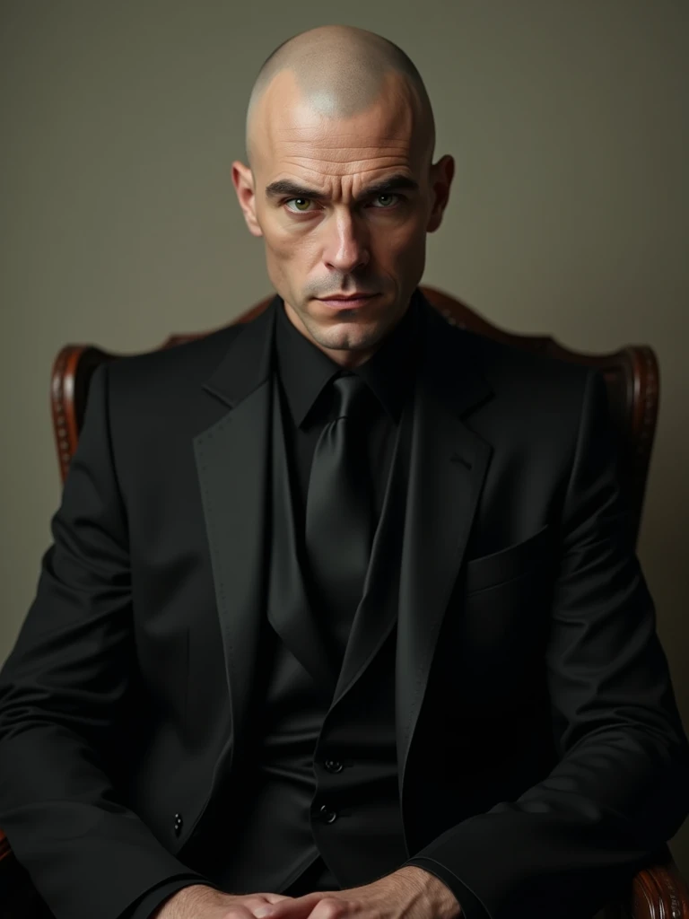 naughty man, almost bald black hair, greeneyes, Pretty Face Black Suit, black necktie, neutral color background, seated in a chair,