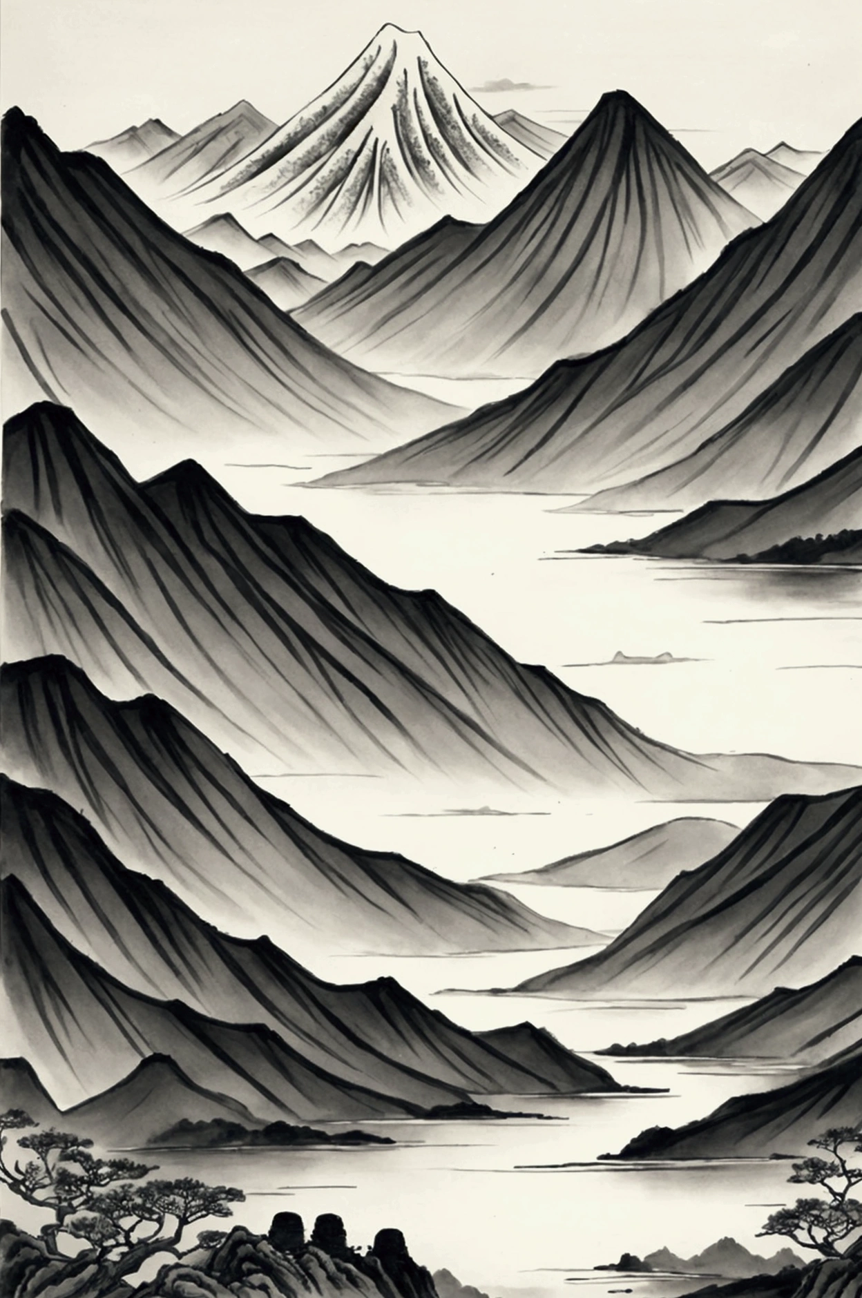 landscape，Chinese ink painting style，Calm river，A beautiful girl on the shore，Mountains are faintly visible in the distance，it&#39;s foggy，Hazy Beauty，The mountains are verdant