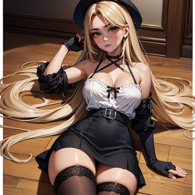 lying face down on the bed, (masterpiece, best quality:1.4), absurdres, highres, ultra detailed, beautiful, (secretary), (perfect face, detailed face, beautiful:1.3),(natural breasts, cleavage), collarbone, fingerless gloves, gloves,spaghetti strap top, black pencil skirt, tight, over the knee skirt, hat, elegant secretary outfit, thighhighs, thick thighs, thighs, multiple belts, More detailed 8K.motor irreal:1.4,UHD,La mejor calidad:1.4, fotorrealista:1.4, textura de la piel:1.4, obra maestra:1.8,obra-prima, mejor calidad,objeto Objeto], (detailed face features:1.3),(manos detailed)