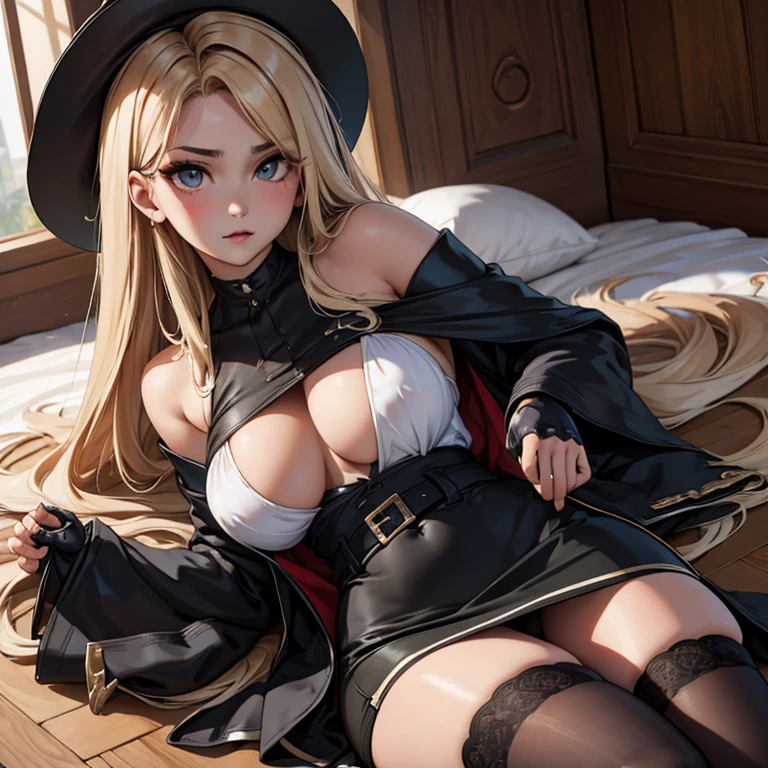 lying face down on the bed, (masterpiece, best quality:1.4), absurdres, highres, ultra detailed, beautiful, (secretary), (perfect face, detailed face, beautiful:1.3),(natural breasts, cleavage), collarbone, fingerless gloves, gloves,spaghetti strap top, black pencil skirt, tight, over the knee skirt, hat, elegant secretary outfit, thighhighs, thick thighs, thighs, multiple belts, More detailed 8K.motor irreal:1.4,UHD,La mejor calidad:1.4, fotorrealista:1.4, textura de la piel:1.4, obra maestra:1.8,obra-prima, mejor calidad,objeto Objeto], (detailed face features:1.3),(manos detailed)