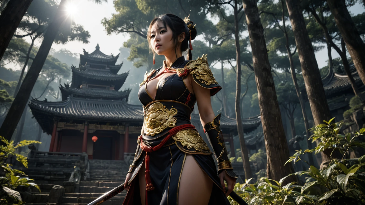 An ancient Chinese temple ruin in a forest, inspired by the game Black Myth Wu Kong, (low angle view), at dark night. (1girl, solo, alone), female Sun Wu Kong cosplayer, medium-breast slim:0.6 body, oval:0.4 face, cleavage:1.1, WU KONG's costume and outfits, GOLDEN CUDGEL, HOLDING WEAPON, (slightly leaning forward running pose), half-body thigh level medium shot, cinematic lighting, ray tracing.