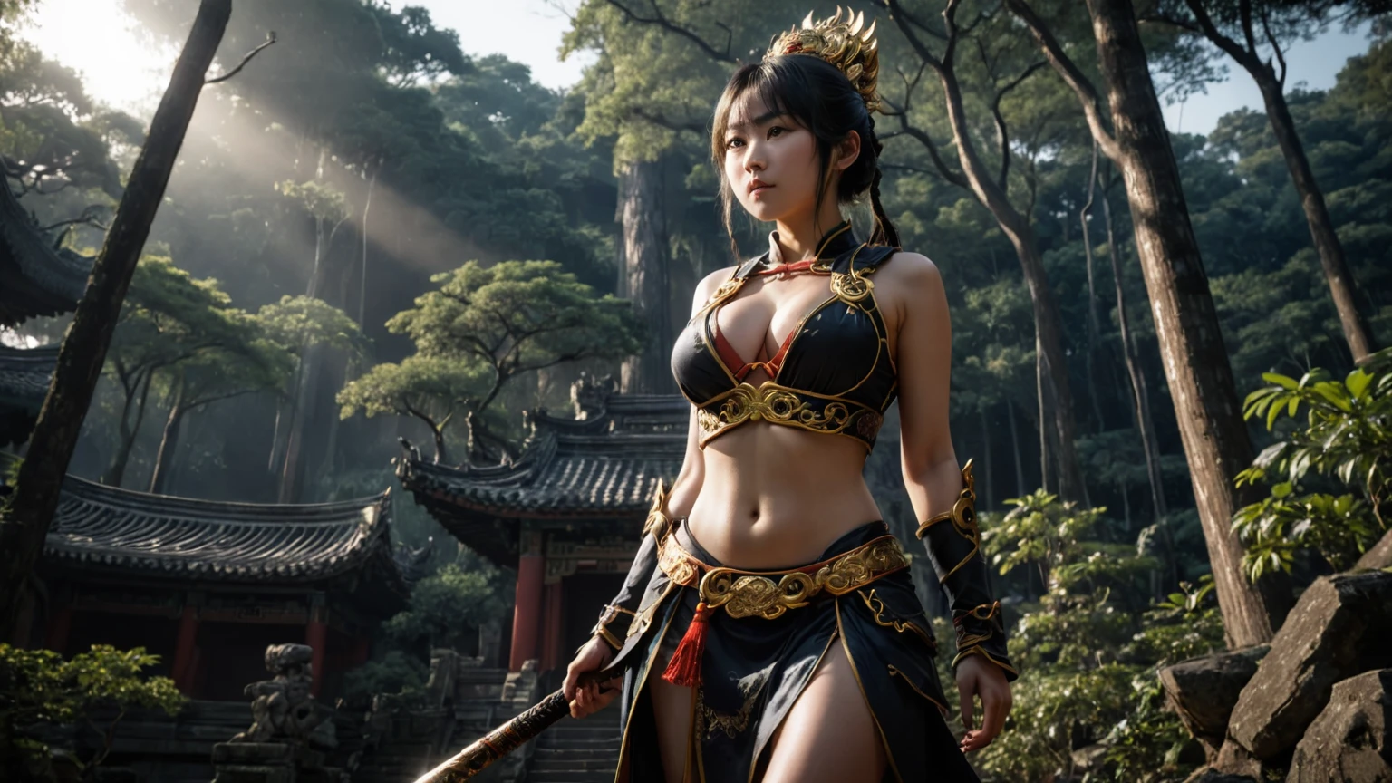 An ancient Chinese temple ruin in a forest, inspired by the game Black Myth Wu Kong, (low angle view), at dark night. (1girl, solo, alone), female Sun Wu Kong cosplayer, medium-breast slim:0.6 body, oval:0.4 face, cleavage:1.1, WU KONG's costume and outfits, GOLDEN CUDGEL, HOLDING WEAPON, (slightly leaning forward running pose), half-body thigh level medium shot, cinematic lighting, ray tracing.