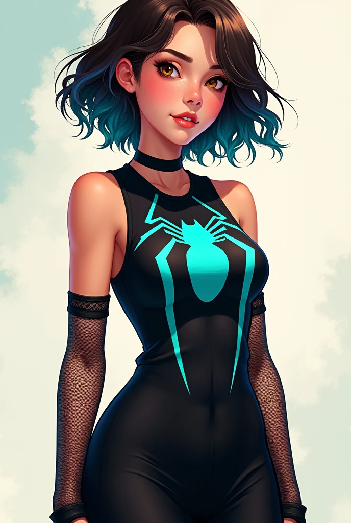 ((art animation 2D)) 20 year old woman with short wavy brown hair with dark blue dyed tips, Brown eyes, with good body, wearing black clothes, wearing a sleeveless black dress with a turquoise Spiderman logo on the chest with mesh sleeves