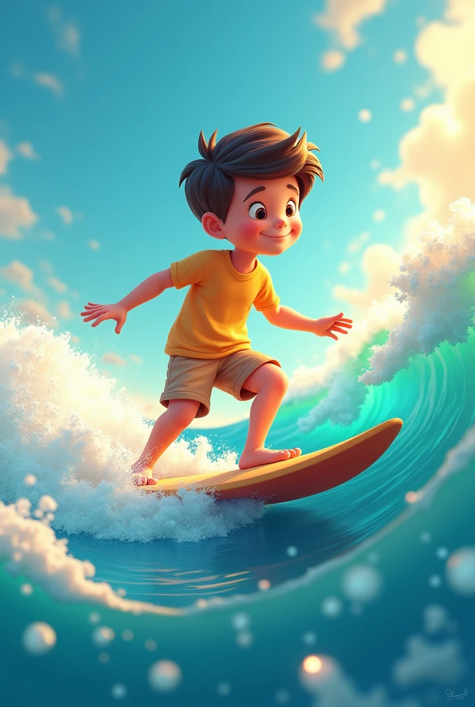 a boy riding a surfboard on the sea,presented in a style inspired by Pop Mart and Disney,featuring a blurred and dreamlike atmosphere,playful use of shapes,and showcasing lively and youthful images in an ad poster.Rendered in a 3D cartoon style, the poster exhibits the best quality with the utilization of 3D rendering techniques such as OC rendering,Blender,and C4D.The lighting is soft,and the quality is high,offering an 8K