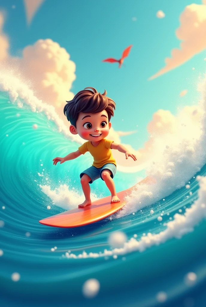 a boy riding a surfboard on the sea,presented in a style inspired by Pop Mart and Disney,featuring a blurred and dreamlike atmosphere,playful use of shapes,and showcasing lively and youthful images in an ad poster.Rendered in a 3D cartoon style, the poster exhibits the best quality with the utilization of 3D rendering techniques such as OC rendering,Blender,and C4D.The lighting is soft,and the quality is high,offering an 8K