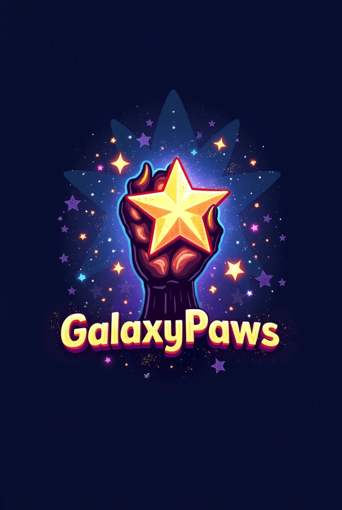 Draw a logo of a dog paw holding a star with the word "GalaxyPaws" with the G and P in capital letters at the top 