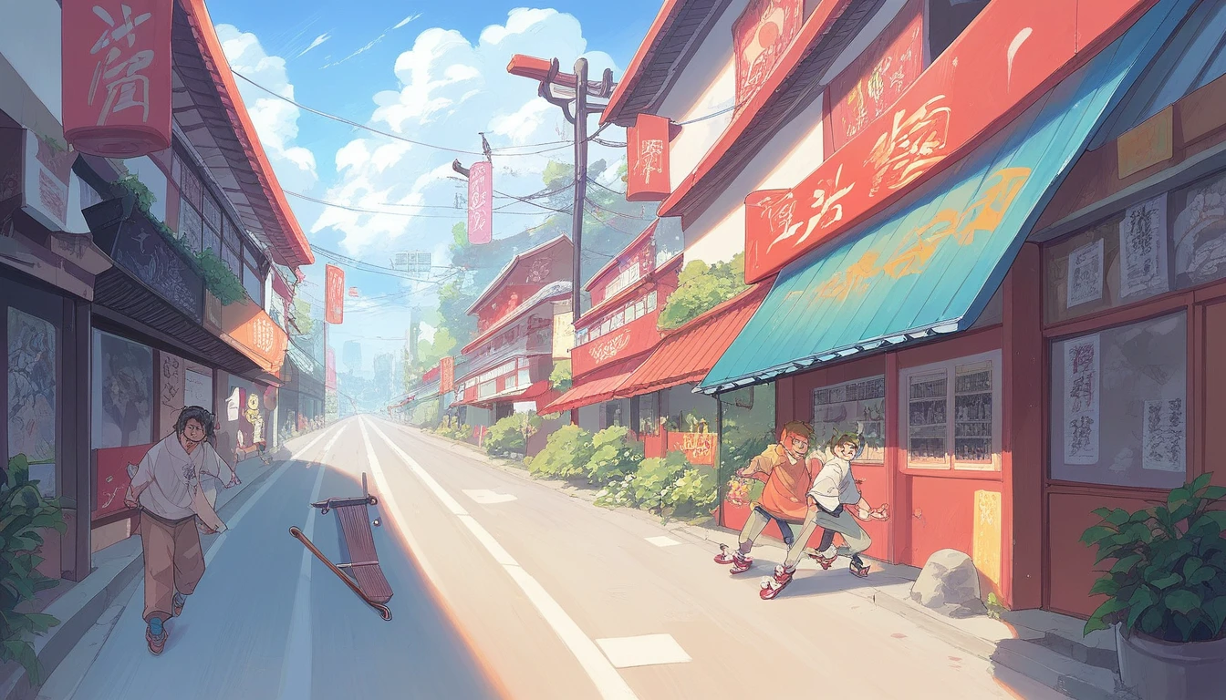 A blend of Heian period and modern street culture with a vibrant street scene. Traditional Heian-era architecture is seamlessly mixed with modern graffiti art. Young people are depicted wearing a fusion of traditional kimonos and contemporary streetwear, with some wearing headphones and riding skateboards. Others are engaged in practicing traditional Japanese calligraphy on the walls. The setting is lively, showing a unique cultural blend where old meets new, capturing the essence of both eras in a dynamic and colorful street environment.
