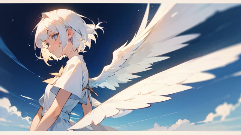 1 angel girl, short white hair, Angel wings 