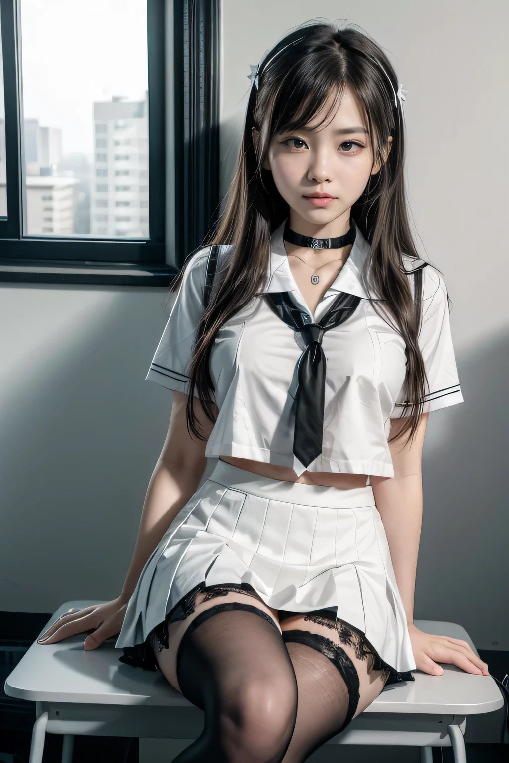 , School girl, white and black uniform, white and black skirt, black lace choker, white lace thigh highs, looking at viewer, class room background, sitting on desk, seductive, dark eyeliner, sexy eyeliner,